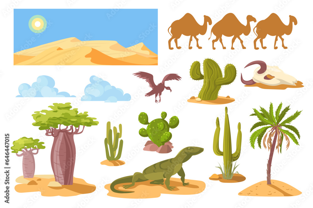 Cartoon desert cactus and rocks. Plants and animals. Arid hot climate elements. Sand dunes. Savannah baobabs and palm trees. Camels and varan lizard. Sahara panorama. Splendid vector set