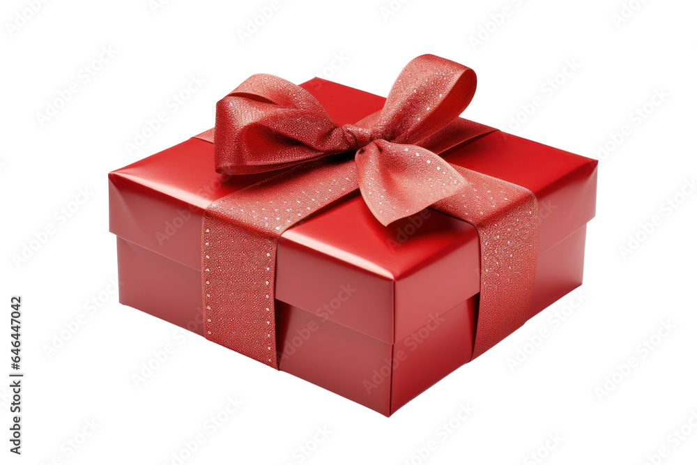 Obraz premium Christmas Valentine present, red gift box with ribbon bow isolated transparent background, PNG, 