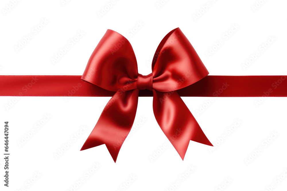 Fototapeta premium Red ribbon bow isolated transparent background, PNG, Christmas present wrapping