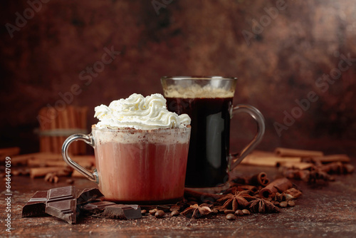 Fototapeta Naklejka Na Ścianę i Meble -  Hot chocolate with whipped cream and black coffee.