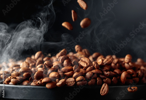 Steaming coffee beans in movement.