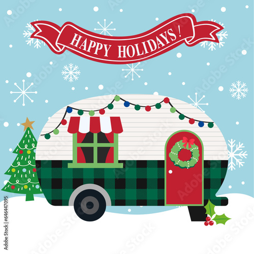 Happy Holidays with a Camper on the snow land.