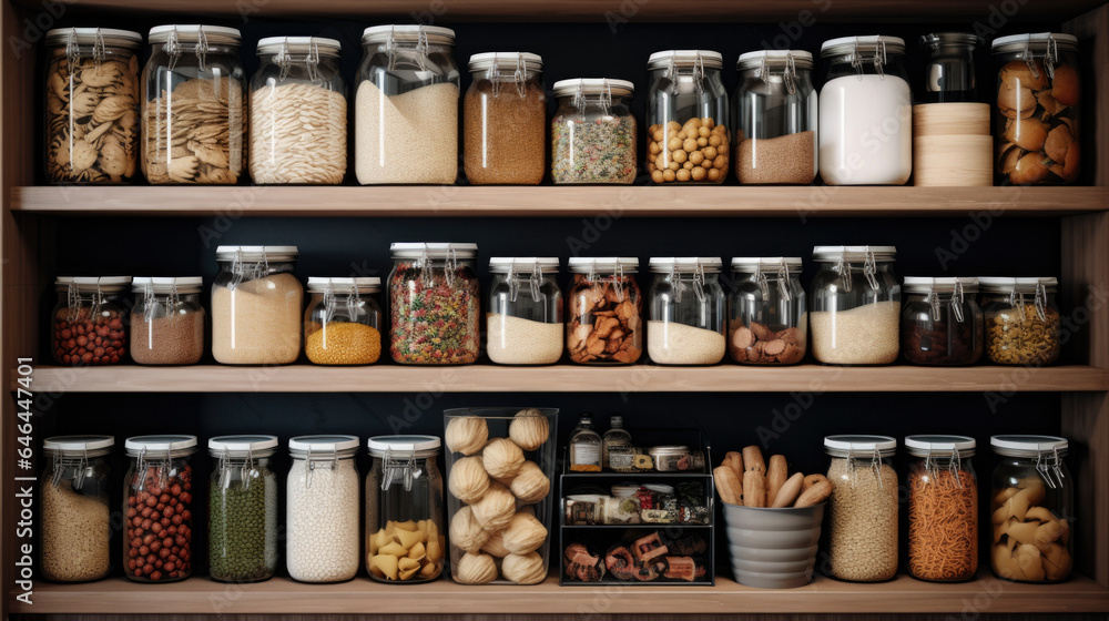 Kitchen shelves with glass jars filled with groceries. concept of zero waste home and lifestyle Kitchen shelves with glass jars filled with groceries. concept of zero waste home and lifestyle