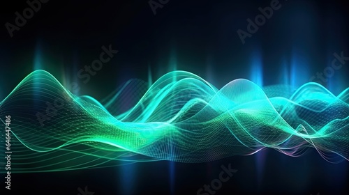  Abstract Futuristic Background with Green Blue Glowing Neon Moving High - Speed Wave Lines and Bokeh Lights Data Transfer Concept Fantastic Wallpaper, generative ai