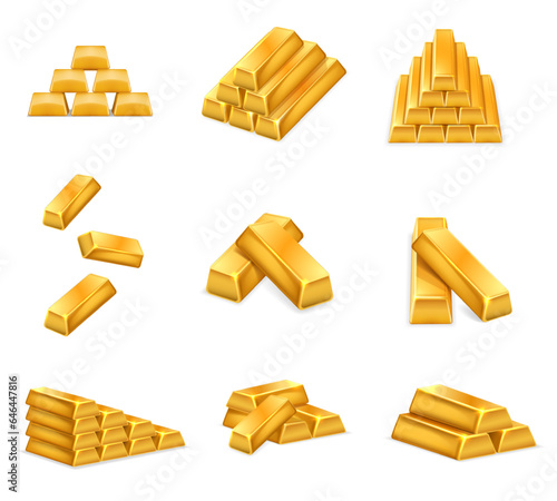 Gold bars. Shimmering golden bricks, stacked pure gold ingots. Banking wealth and luxurious lifestyle realistic 3D vector illustration set.