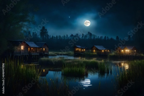Swamp watercolor with quaint wooden houses on the shore and the occasional flower coming out of the grass glowing in the moonlight - AI Generative