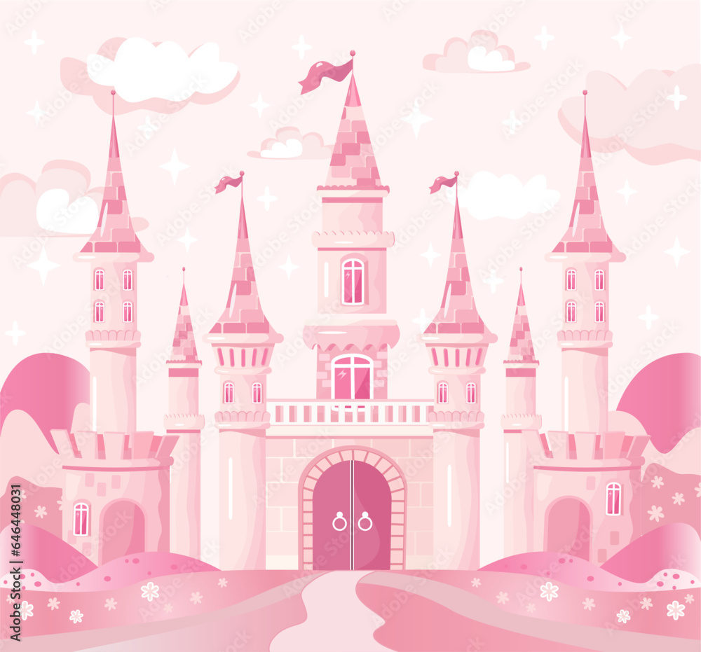 Vector fairytale castle in pink gradient, background with clouds, several towers with flags, large gates and fields with flowers