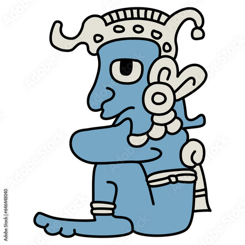 Seated funny man. Native American art from Mayan codex. Isolated vector illustration.