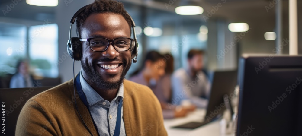 african black man call center customer support with headset, ai african black man call center customer support with headset, ai