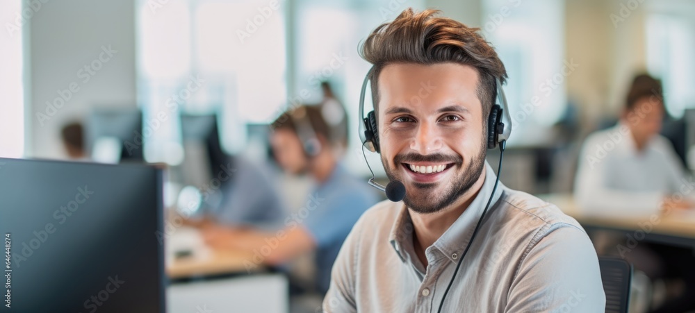 caucasian man call center customer support with headset, ai caucasian man call center customer support with headset, ai