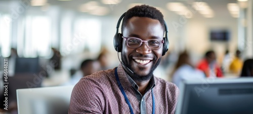 african black man call center customer support with headset, ai