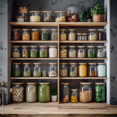 Kitchen shelves with glass jars filled with groceries. concept of zero waste home and lifestyle
