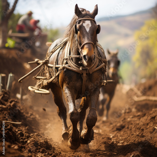  A weathered plowhorse pulling a rustic plow 