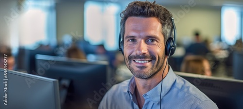 caucasian man call center customer support with headset, ai