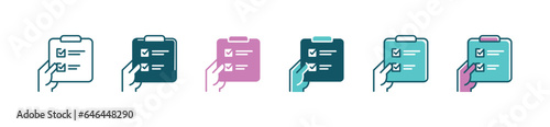 hand holding clipboard task list document icon vector business plan checklist assessment progress with checkmark signs illustration for web and app