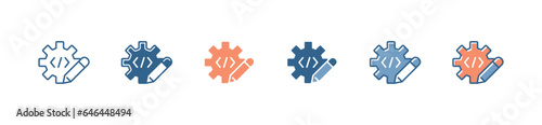 Business development coding with gear and pencil icon set website and application programming optimization with cog control symbol illustration digital project management