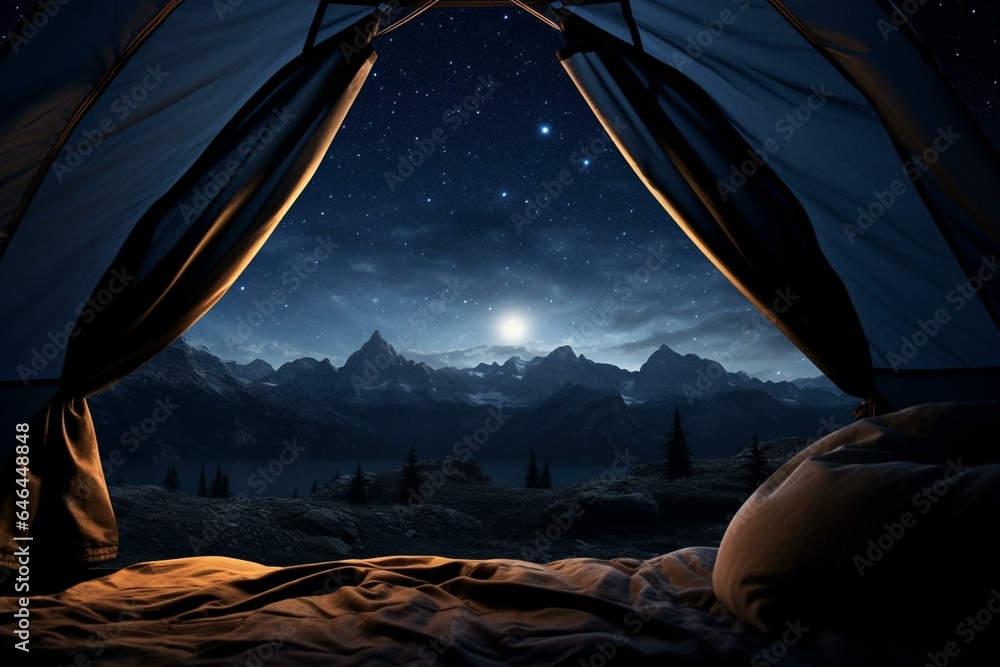 Camping inside tent at night, gazing at sky with moon, scenic landscape. Generative AI