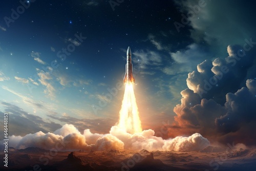 Rocket blasting off through celestial atmosphere. Generative AI © Rowen