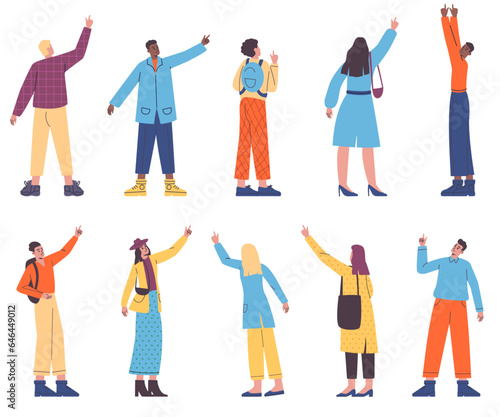 Cartoon people looking up. Flat style men and women showing upwards. Persons gesturing. Guy pointing with finger. Target search. Girl raising hand. Back and side view. Vector poses set
