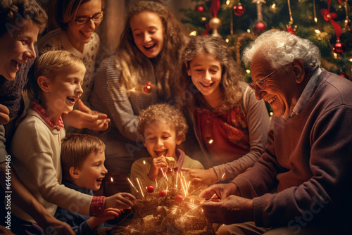 grandparents surrounded by children. Celebrating with loved ones. Christmas and New Year's affairs