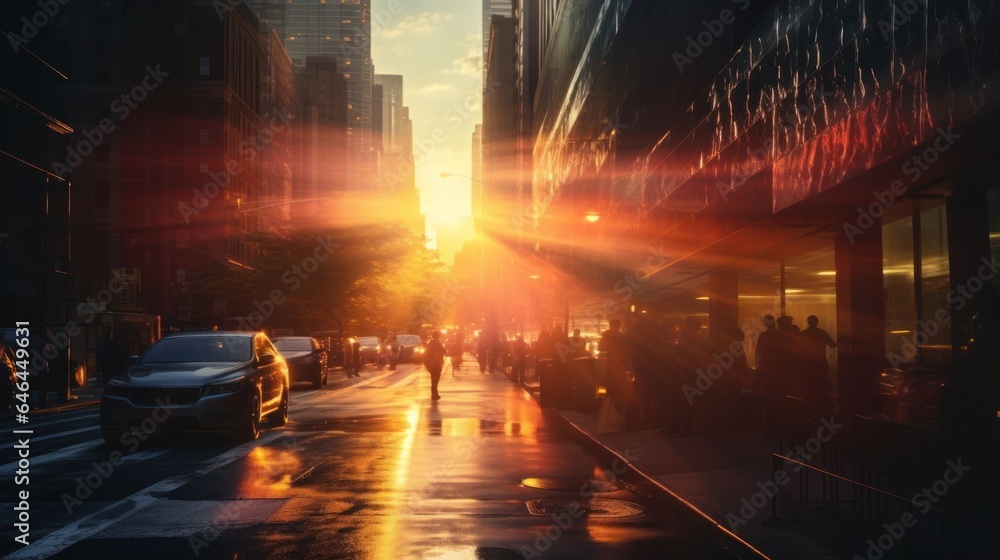 The sun shines through the urban canyon of a big city, street with cars