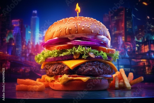 delicious burger with vibrant neon background. Generative AI