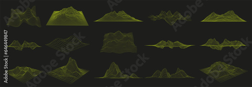 Wireframe landscapes. Futuristic 3D graph grid, cyber mesh mountains and distorted surface coordinates vector set with editable stroke paths