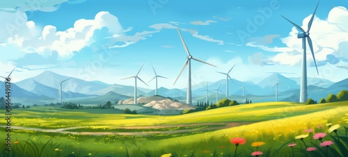 Windmill wind power electricity farm field. Eco energy banner