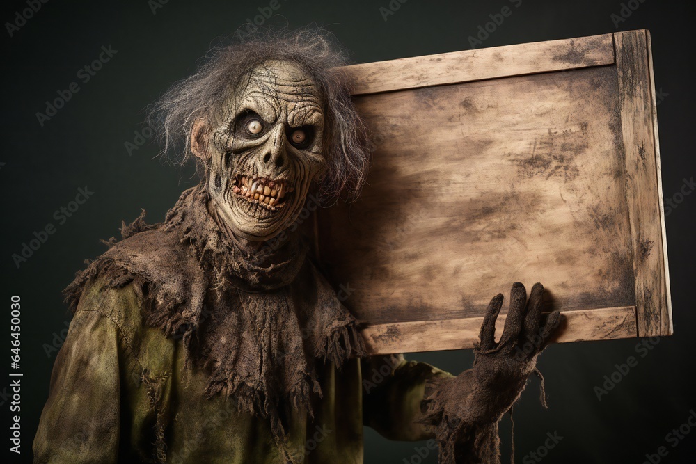 Fototapeta premium Funny Halloween zombie holding empty Wooden Board Generative AI
