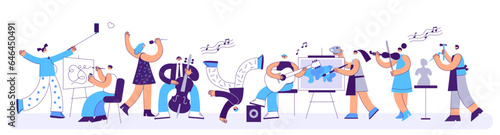 People of creative professions. Professional artist, musician, singer and dancer characters. Contemporary art school or hobbies and creativity flat vector illustration