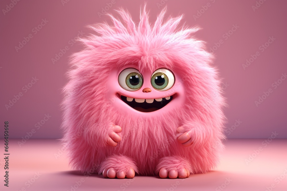 Cute pink furry monster 3D cartoon character