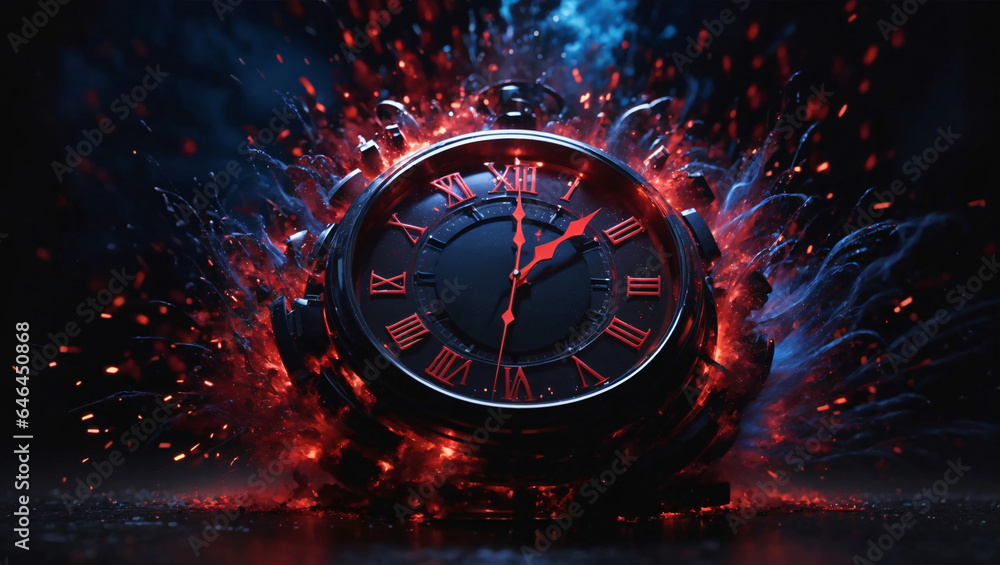 Burning clock Time is running out as the clock is on fire. The scary graphic shows a ticking clock as time is running out. The lightning storm clock graphic illustrates how valuable time is and how li - obrazy, fototapety, plakaty 