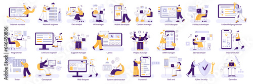 IT professions. Programmers and designers, engineers and managers, front and back end developers. Different digital jobs corporate vector illustration set