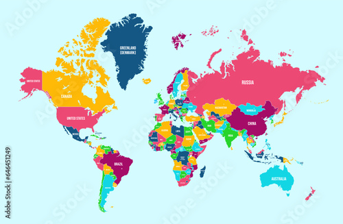 Political world map. Detailed continents, countries borders and names atlas for global travel, statistic or infographic design vector illustration