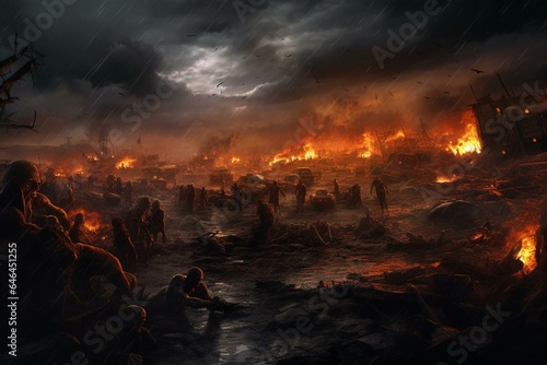 Nightmarish scene of destruction  zombies amidst burning wreckage under a dark rainy sky. Generative AI