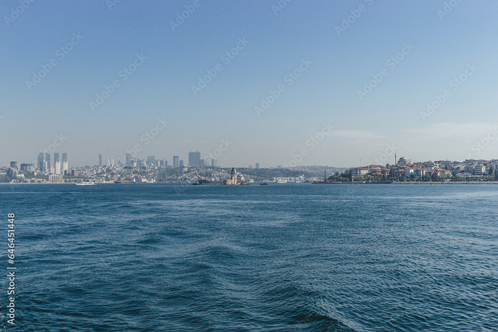 View of bosphorus strait water at midday with blue waters and beautiful skyline