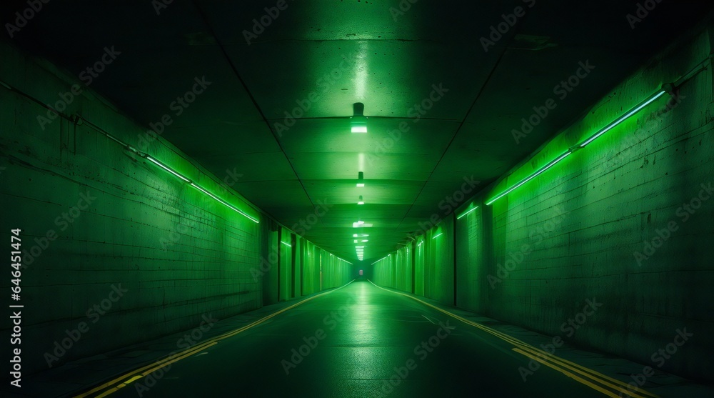 Empty concrete Tunnel with green ambiance light and walls