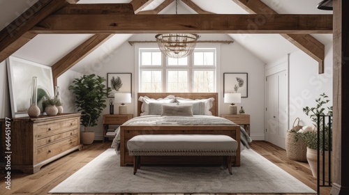 Farmhouse Style Bedroom with Beam Ceiling