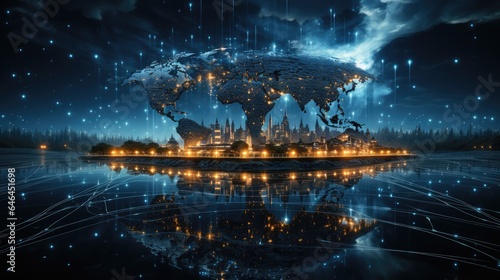 digital transformation and big data, world map graphic blue light noen connection element © gufron