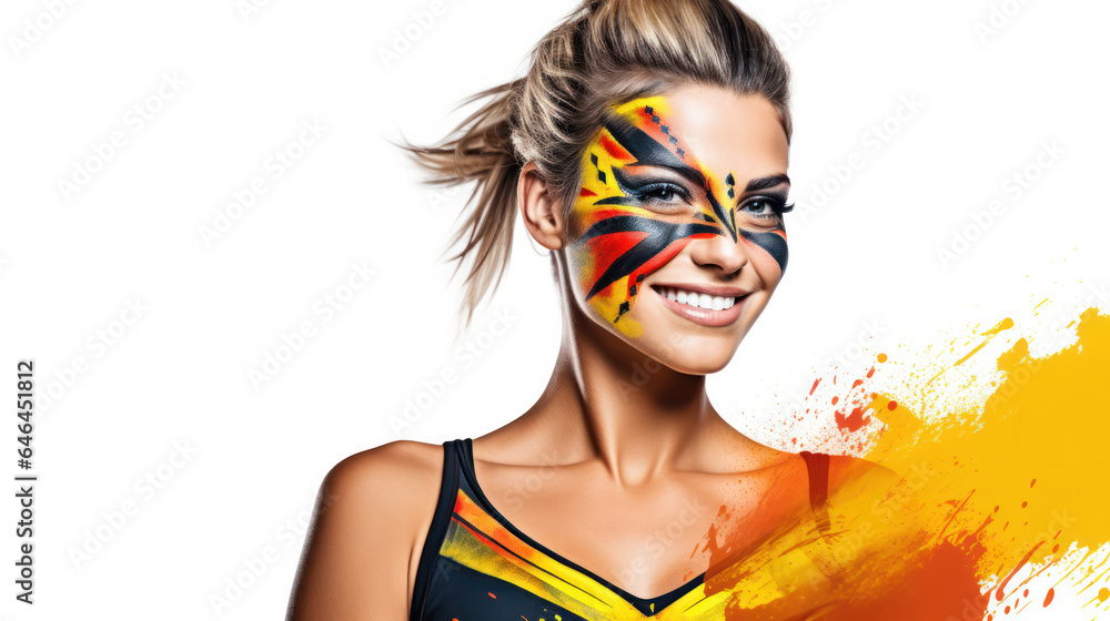 Portrait of a woman with faceart in flag of the Germany colors painted on her face. Portrait of a woman with faceart in flag of the Germany colors painted on her face.