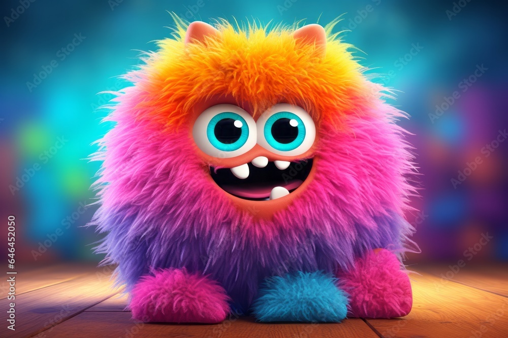 Multicolored gradient fluffy furry funny 3D monster cartoon - obrazy, fototapety, plakaty 