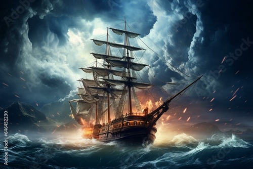 Classic ship sailing through stormy night, lightning in sky. Adventure, journey, parallel universe, multiverse theory. Generative AI
