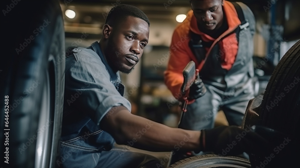 Fototapeta premium Auto garage worker Black African working together to fix service car.generative ai