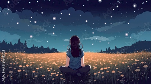 Illustration of a Girl Sitting in Flower Field Under Starfield Sky Idea for Hope and Faith