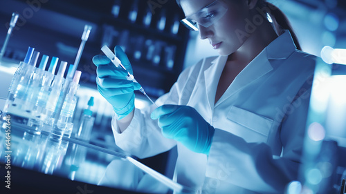 Female doctor working with syringe needle and ampoule of medicine. A scientist in sterile clothes is making a vaccine drug. Generative AI