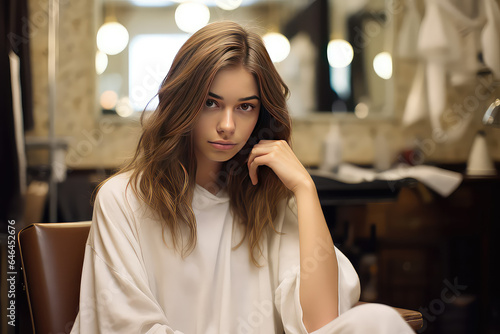 Young European woman with long brown hair sitting in barber shop chair, portrait of a girl in a beauty salon waiting for a haircut. 