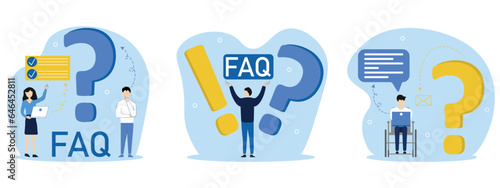 Frequently asked questions concept. The characters stand near an exclamation point and a question mark, ask questions and receive answers. People with disabilities.Vector illustrations set.