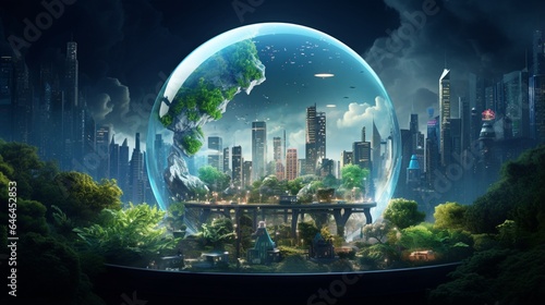 Enchanting scene featuring a glass globe integrated into an eco-friendly futuristic cityscape, demonstrating the harmonious coexistence of technology and nature