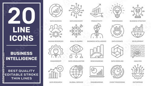 Business Intelligence icons set. Business Intelligence tools. Different kind of BI instruments. Editable Stroke