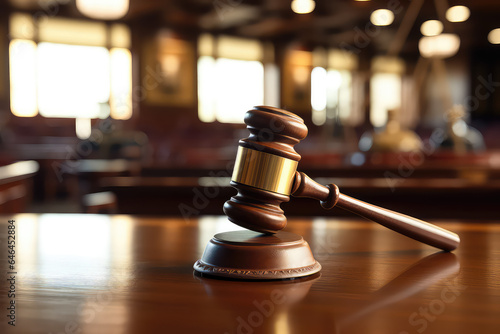 Wooden gavel on a desk in a courtroom. Announcement of the judge verdict and lawful decision. 